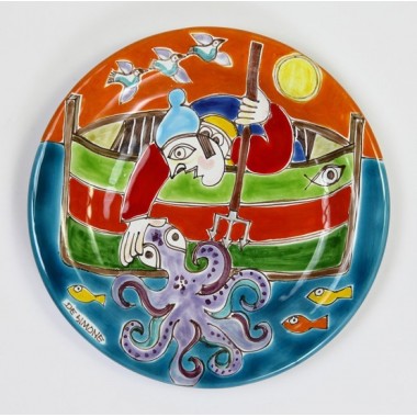 Sicilian handmade ceramic circular Plate DS de simone pottery octopus fishing 18 cm PT18DS-04 Sicilian handmade ceramic circular Plate DS de simone pottery octopus fishing 18 cm PT18DS-04